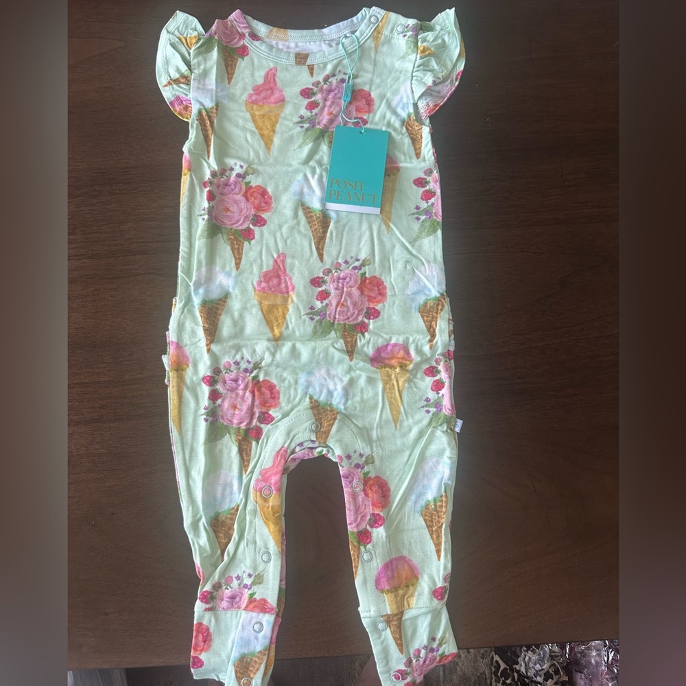 Posh Peanut Mint Romper with Pink Floral Ice Cream Print